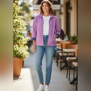 Talbots Pique Jacket Pink Knit Zip Sz XS Petite Sporty Preppy Cuffed Casual